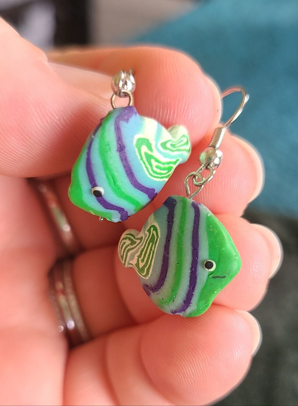 Green & Purple Fish Earrings - Handmade Polymer Clay
